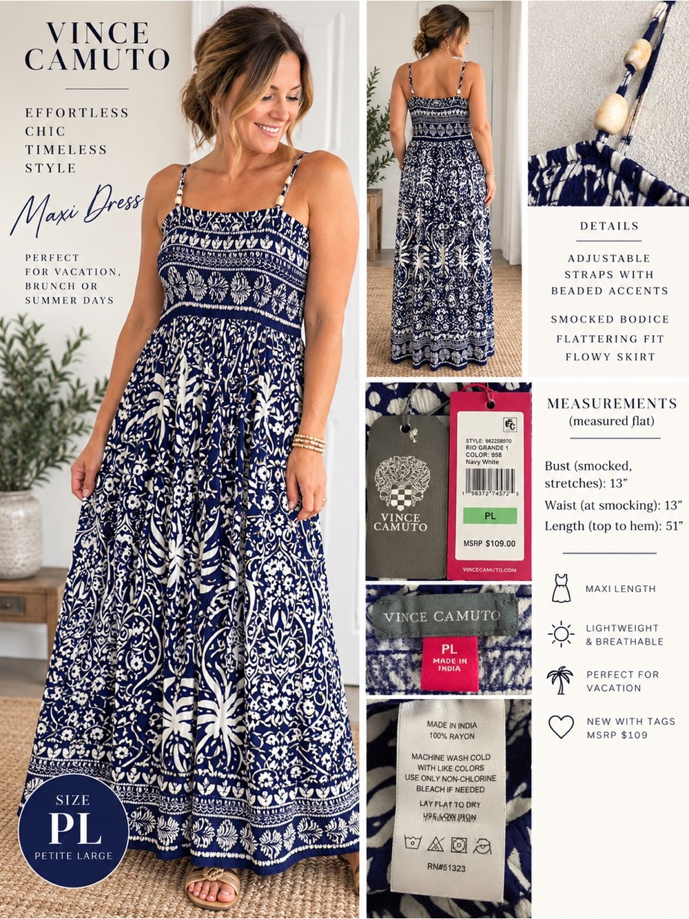 NWT Vince Camuto Rio Grande Navy White Smocked Maxi Dress PL Beaded Straps